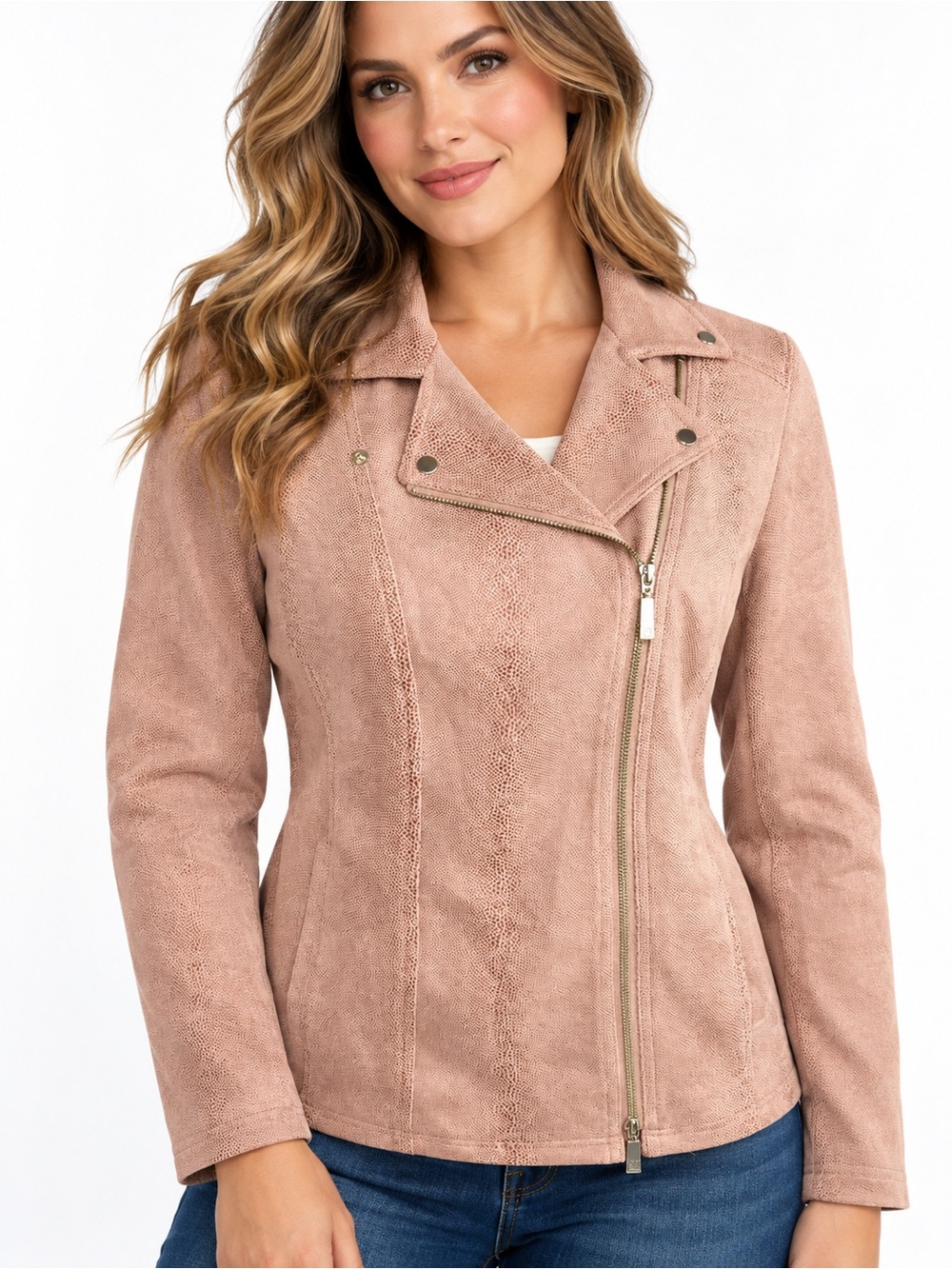 Chico’s Pink Faux Suede Moto Jacket Petite 1P Stretch Leopard Print Coat